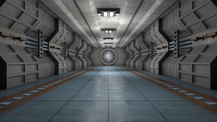 3D rendering of a detailed dark and scary spacecraft corridor with unique style