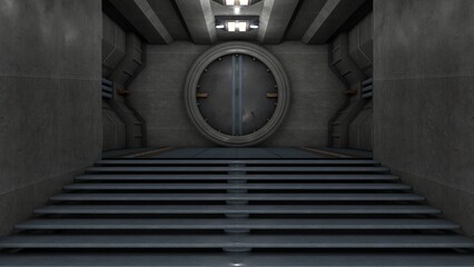 3D rendering of a detailed dark and scary spacecraft corridor with unique style