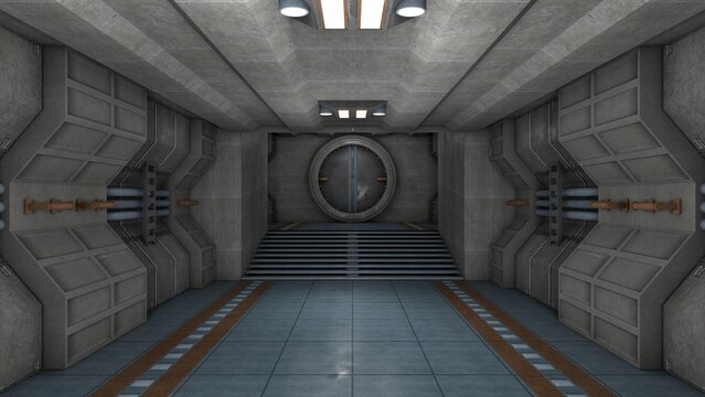3D rendering of a detailed dark and scary spacecraft corridor with unique style