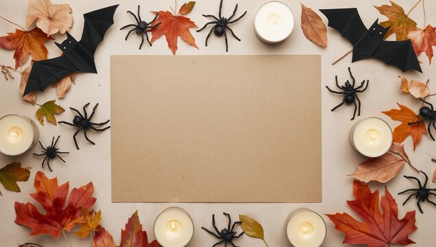 Spooky Halloween invitation mockup with bats, spiders, candles and leaves, perfect for seasonal greetings, party invites, and festive announcements - Powered by Adobe