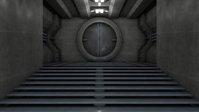 3D rendering of a detailed dark and scary spacecraft corridor with unique style