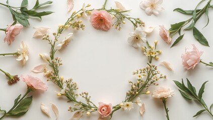 Elegant floral wreath frame with delicate pink and cream blooms perfect for wedding invitations, springtime promotions, or feminine brand designs
