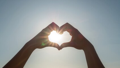 Hands forming a heart shape against a bright sunny sky, symbolizing love, hope, and connection during a beautiful day, perfect for conveying positive emotions