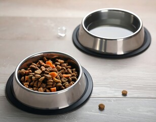 Two metal pet food bowls, one with food, one with water, on a light wood surface