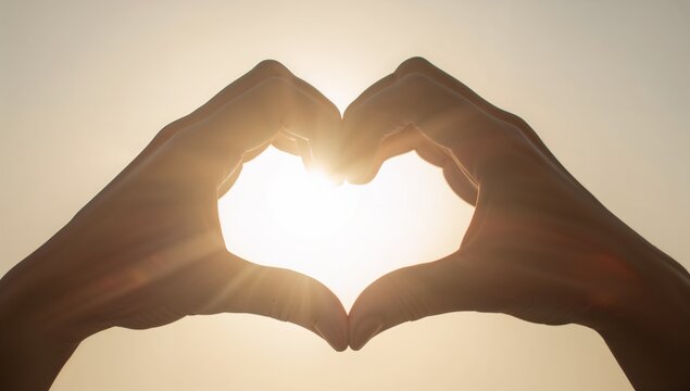 Express love with hands forming a heart shape against a bright sun, showing care, affection, and connection on a sunny day, perfect for heartfelt messages