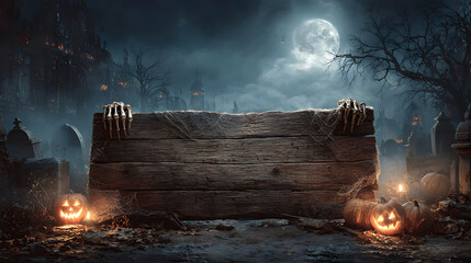 Spooky Skeleton with Blank Sign in Graveyard for Halloween Night Horror Party Invitation