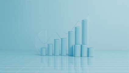 Minimalist 3d rendering of ascending blue bar chart columns showing steady business growth and positive financial trends