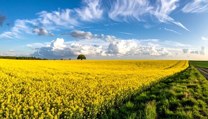 Obraz premium Vast yellow rapeseed field under a dramatic sky