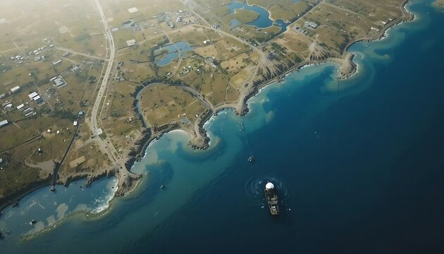 Aerial view of a ship with a large radome sailing along a rugged coast