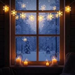 Winter Window Decor with Snowflakes and Candles.