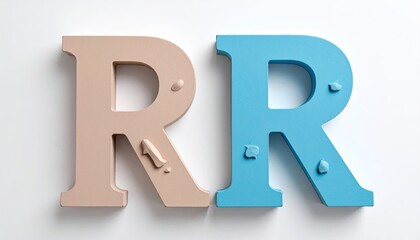 Two R letters, light brown and blue, flat lay on white, backdrop for learning use