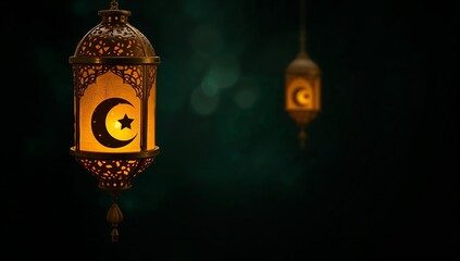 Elegant Ramadan lanterns glowing with crescent moon and star, creating a warm, inviting atmosphere for spiritual reflection and celebration during the holy month