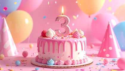 A charming cake with pink icing, candy toppings, and a sparkling, glowing number 3 candle. Surrounded by cheerful balloons, confetti, and birthday hats. A festive design concept to celebrate a child's
