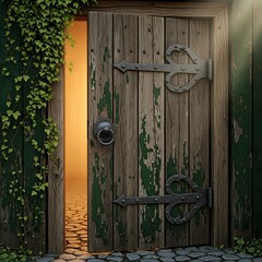 Vintage Wooden Doorway to a Mysterious Path.