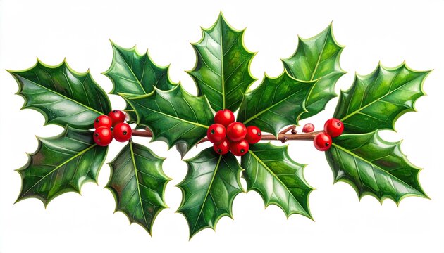 Holly sprig, green leaves, red berries, isolated. Element for Xmas card. White - Powered by Adobe