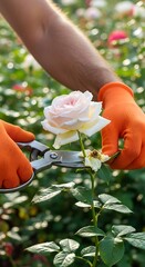 Gardener Cutting a Rose with Scissors.