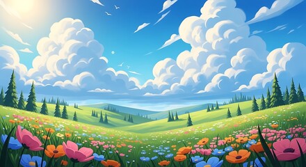 Beautiful summer meadow with colorful wildflowers, green hills and