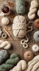 Cozy Knitting Supplies on Wooden Table.