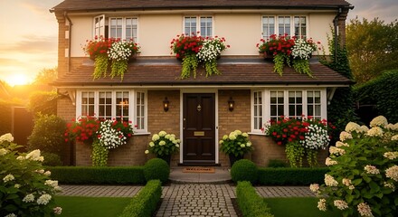 Beautiful English Country Home Decorated with Flowers.