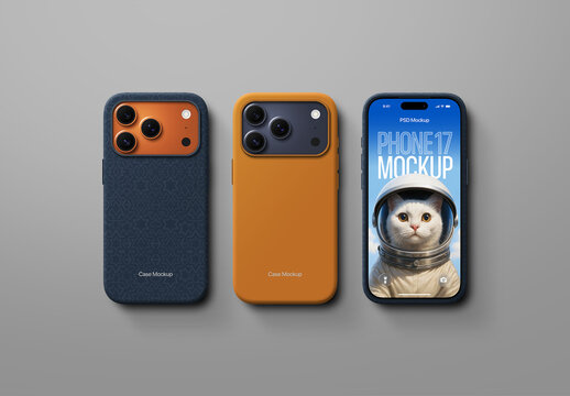 Phone Case Mockup - Phone 17, Flat-Lay (3 Objects)