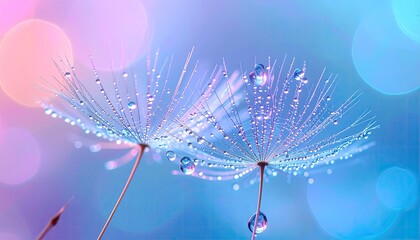Dandelion seed head with water droplets; vibrant bokeh, dreamy; nature blog use