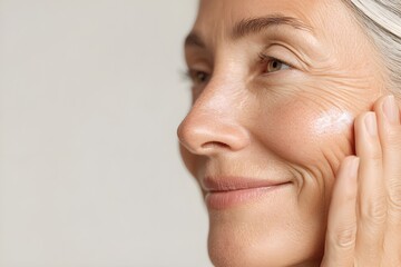 Woman applying face cream as part of daily skincare routine for hydration and beauty treatment with focus on healthy skin. Hands applying moisturizing cream on face. Anti-aging skin care