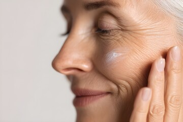 Woman applying face cream as part of daily skincare routine for hydration and beauty treatment with focus on healthy skin. Hands applying moisturizing cream on face. Anti-aging skin care