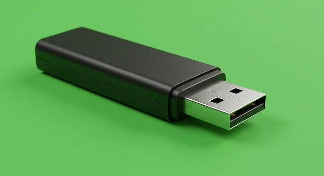 Black usb drive isolated on green surface data storage concept