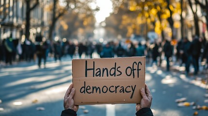 Protest for democratic rights with hands off democracy sign on cardboard
