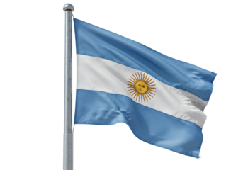 Waving flag of Argentina on a flagpole against a white background.