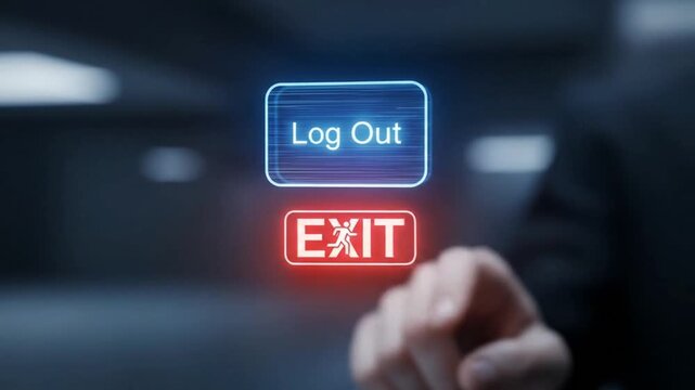 Finger interacting with a futuristic touch screen interface, selecting between illuminated Log Out and Exit options for system access