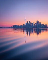 Fototapeta premium Cityscape at dawn, skyline reflecting on water