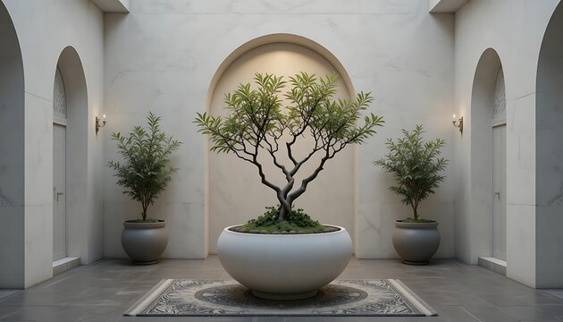 Elegant atrium with a central ornamental tree in a pot and marble - Powered by Adobe