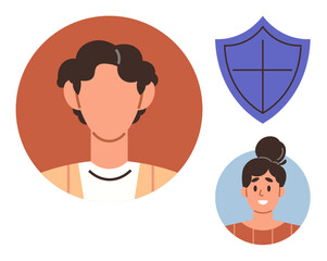 Two diverse avatar profiles alongside a shield icon symbolizing protection. Ideal for identity, security, privacy, technology, data management, user interfaces, online safety themes. Simple flat