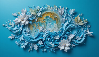 Elegant 3D floral ornament with blue and white swirls and flowers