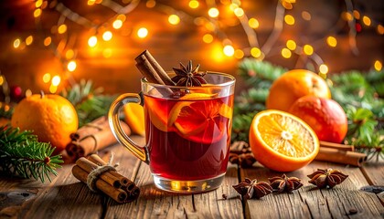 Festive Christmas mulled wine with oranges, cinnamon, and star anise