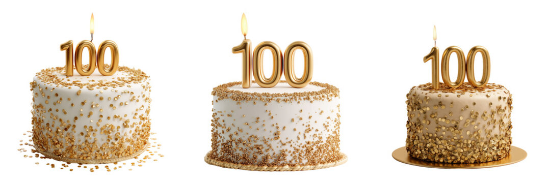 Set of A beautifully decorated cake with golden numbers 100 on top and a lit candle on transparent png background. Ai generated
