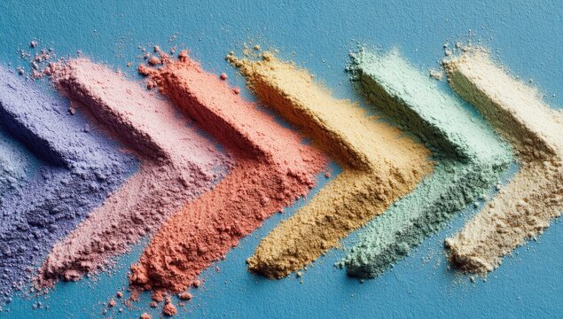 Colorful powder streaks in an arrow shape on blue surface