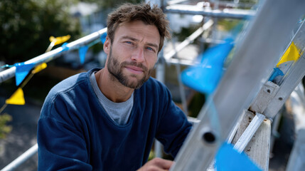 A construction worker takes a moment to reflect while working on a ladder, illustrating the dedication and concentration required in home improvement projects and craftsmanship.