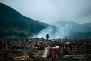 Deforestation area with tree trunks and stumps. Environmental destruction. Ecological problem. Global warming. Climate change. Biodiversity loss. Human impact on nature. Forest exploitation