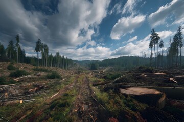 Deforestation area with tree trunks and stumps. Environmental destruction. Ecological problem. Global warming. Climate change. Biodiversity loss. Human impact on nature. Forest exploitation