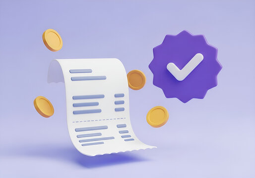 3d rendered financial receipt verified with coins and checkmark icon