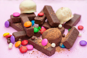 chocolate and colorful candies mixed
