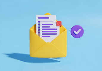 3d rendered yellow envelope icon with document and verification mark on blue background
