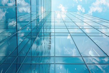 Low-angle view of a modern glass skyscraper reflecting a partly cloudy sky, showcasing its grid-like facade and the vastness of the building