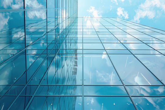 Low-angle view of a modern glass skyscraper reflecting a partly cloudy sky, showcasing its grid-like facade and the vastness of the building