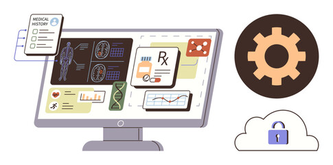 Monitor showing medical data thumbs up history, test results, and prescriptions. Nearby, a cloud with security lock and gear symbol emphasizes data protection and technology. Ideal for healthcare