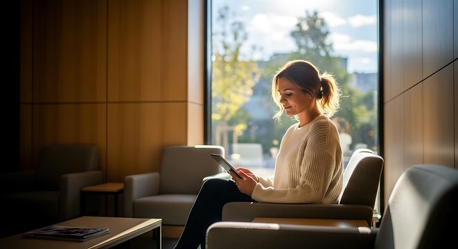 Woman Focused on Tablet in Waiting Area.
