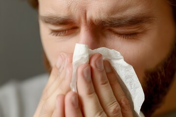 Sick man blowing nose into tissue suffering from cold or flu. Seasonal illness, allergies and healthcare. Sneezing into tissue paper. Runny nose. Patient. Seasonal influenza. Covid 