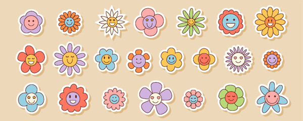 Groovy retro sticker set with colorful daisy and cartoon sunflower flower shapes. Smiley floral and chamomile groovy element, playful y2k style for fun decorative ideas.